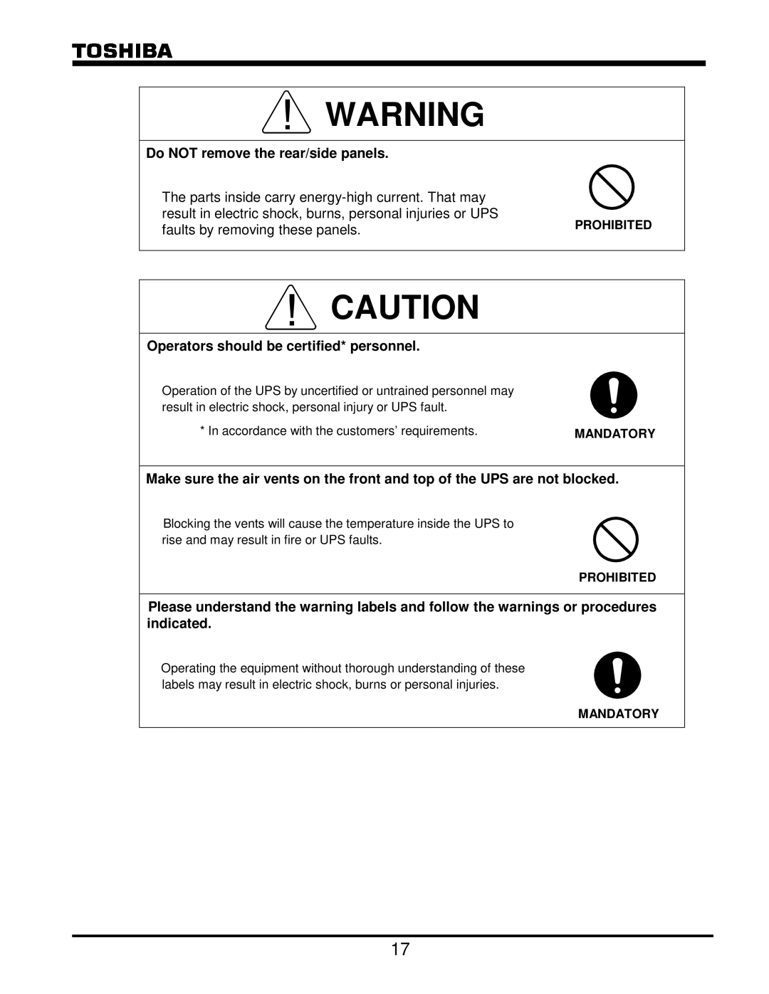 Toshiba G8000 Series operation manual Do not remove the rear/side panels, Faults by removing these panels 