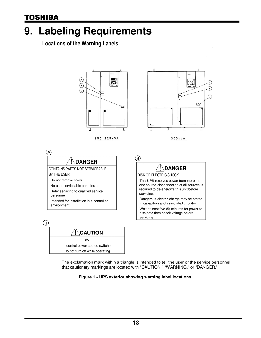 Toshiba G8000 Series operation manual Labeling Requirements, UPS exterior showing warning label locations 