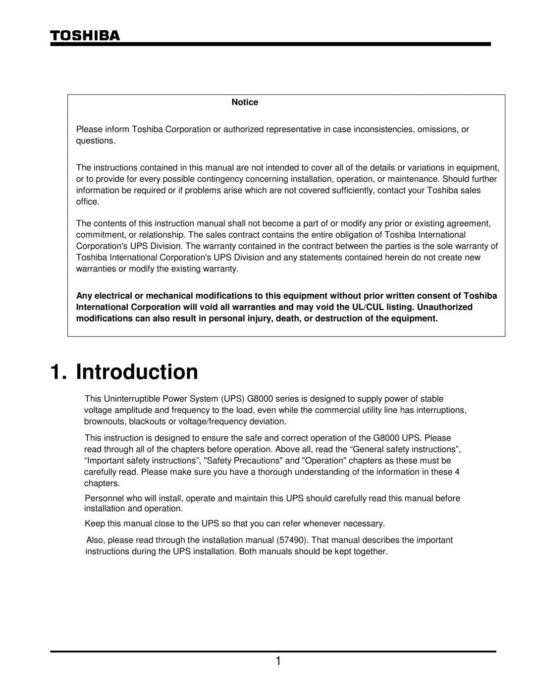 Toshiba G8000 Series operation manual Introduction 