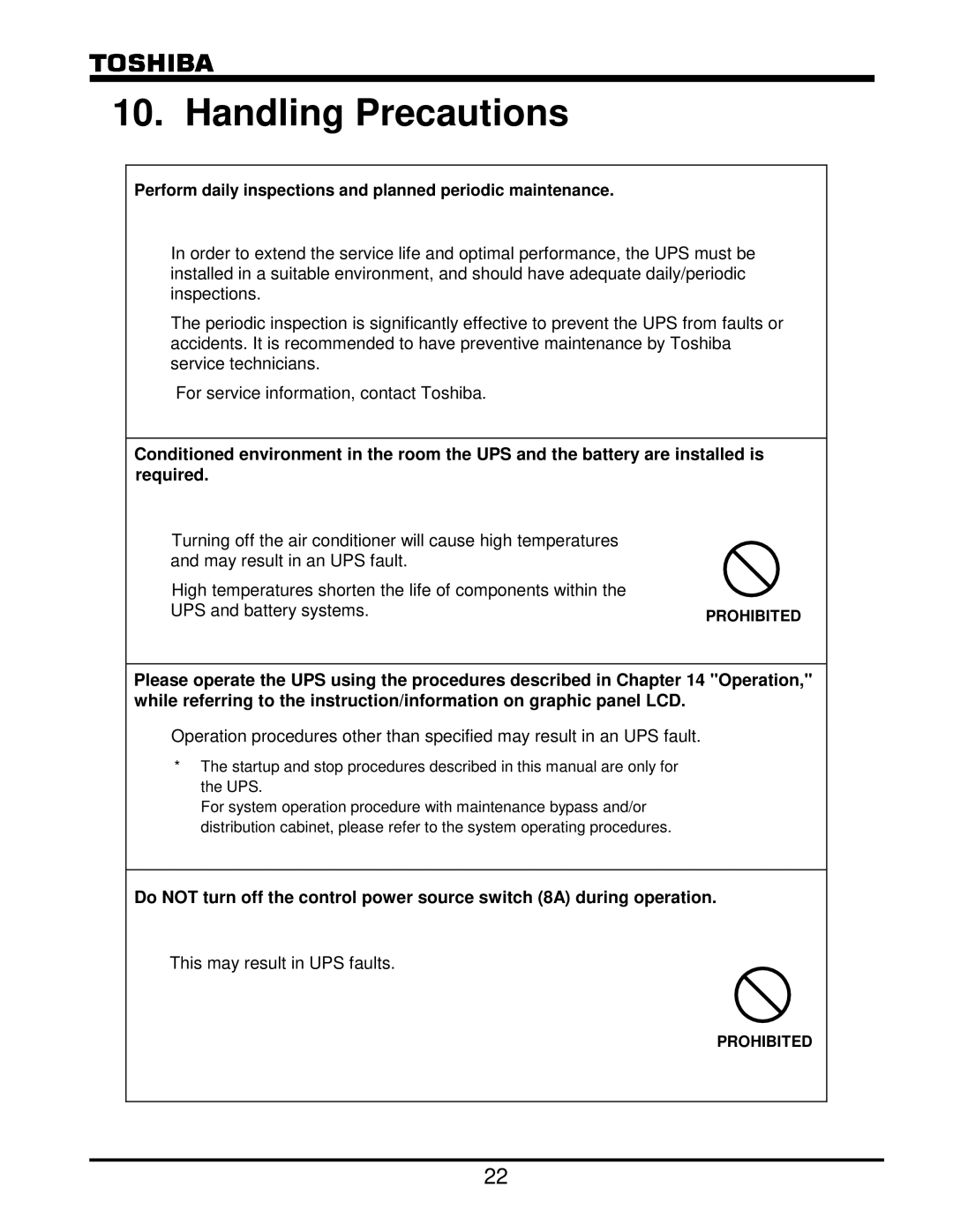 Toshiba G8000 Series operation manual Handling Precautions, Prohibited 