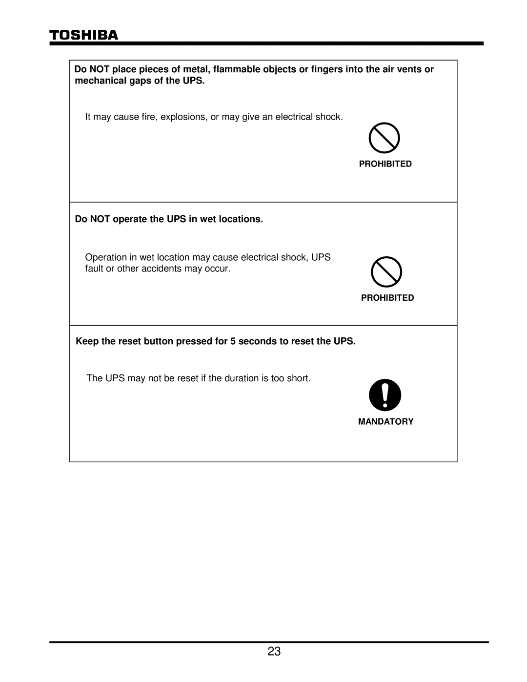 Toshiba G8000 Series Do not operate the UPS in wet locations, Keep the reset button pressed for 5 seconds to reset the UPS 