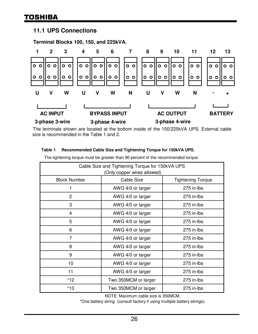 Toshiba G8000 Series operation manual UPS Connections, Recommended Cable Size and Tightening Torque for 150kVA UPS 