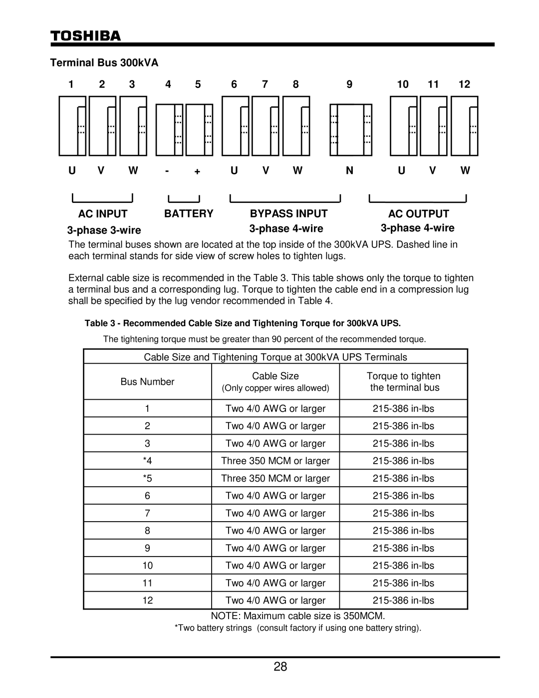 Toshiba G8000 Series operation manual Battery Bypass Input, Recommended Cable Size and Tightening Torque for 300kVA UPS 