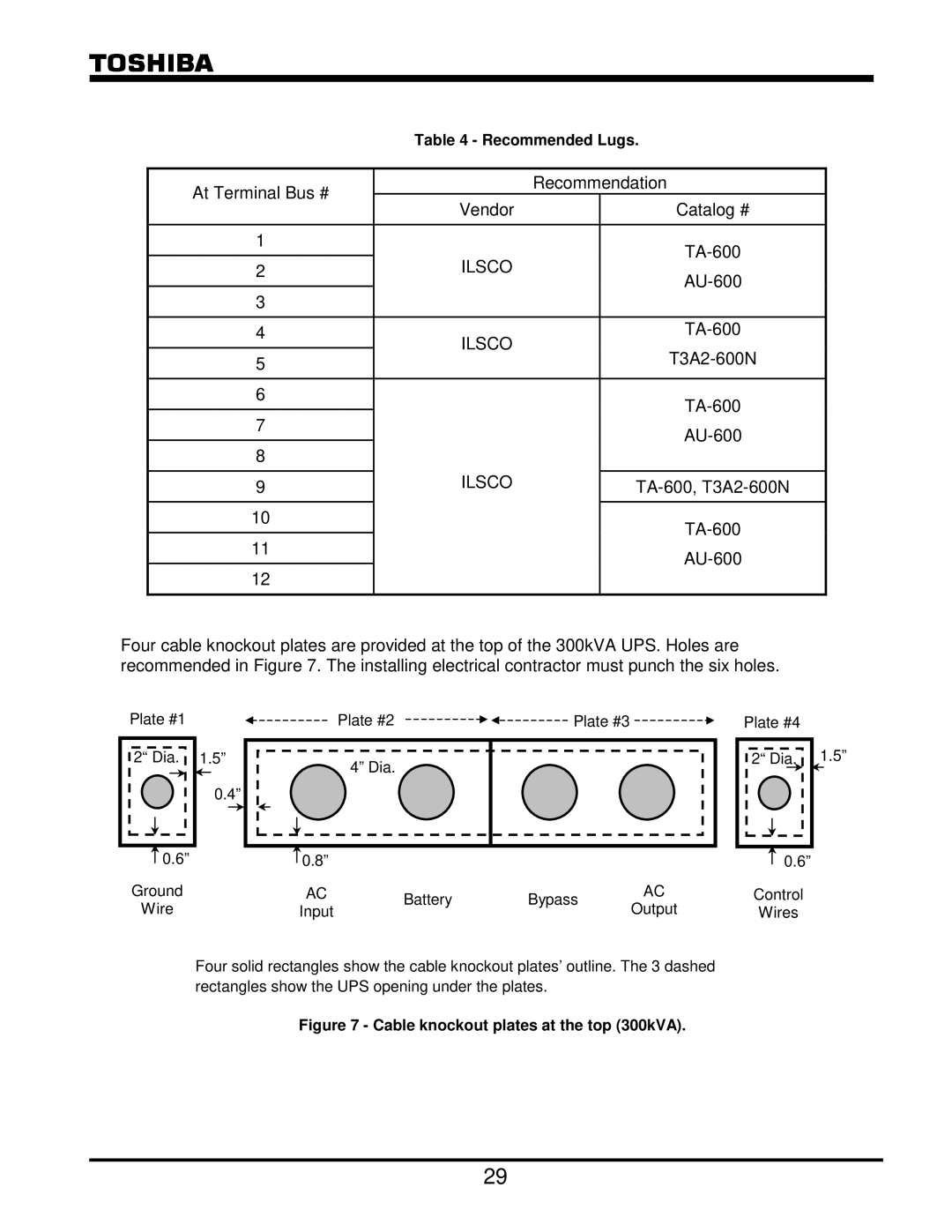 Toshiba G8000 Series operation manual Recommended Lugs, Cable knockout plates at the top 300kVA 