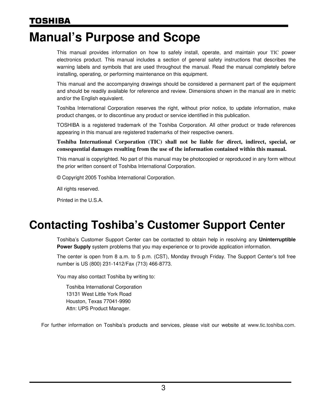 Toshiba G8000 Series operation manual Manual’s Purpose and Scope, Contacting Toshiba’s Customer Support Center 