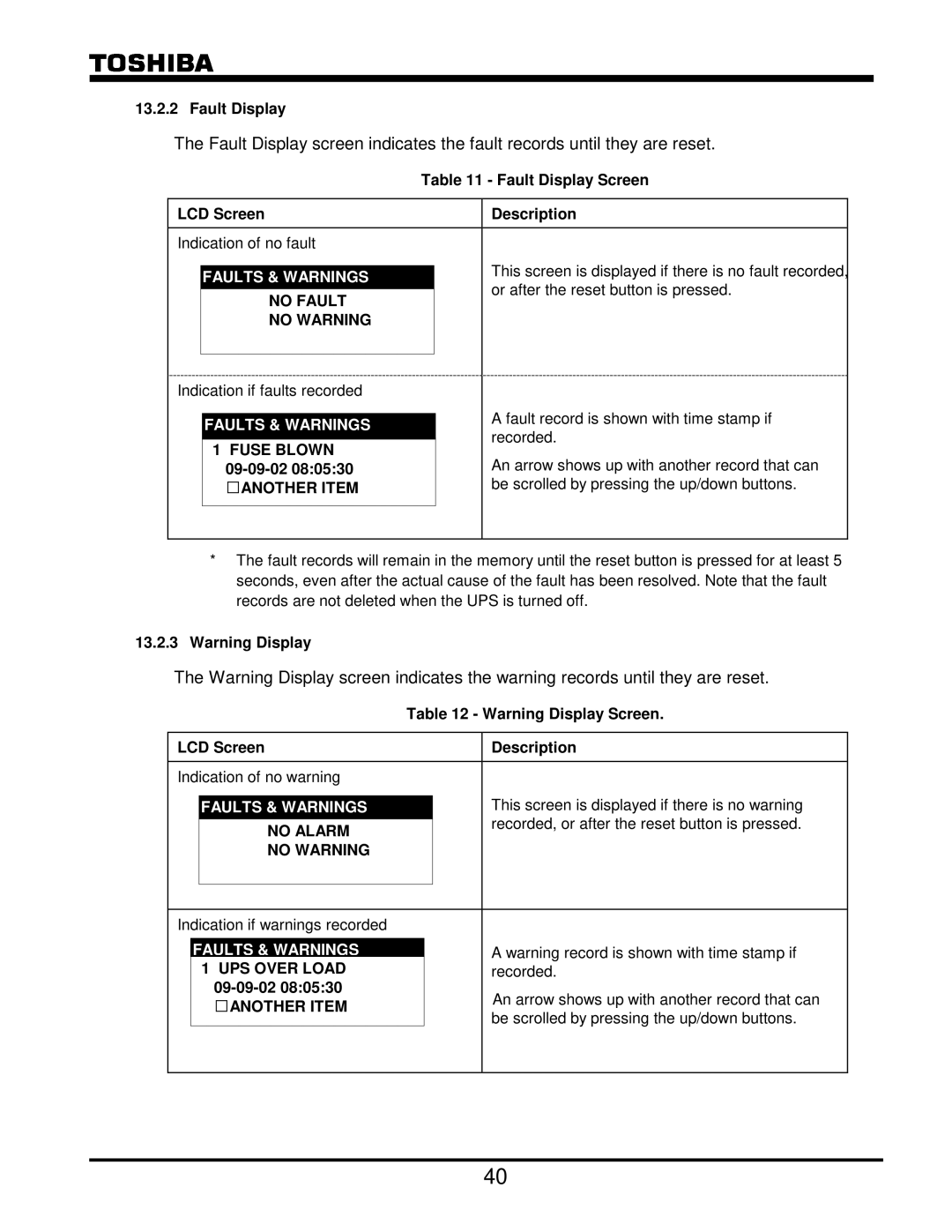 Toshiba G8000 Series operation manual No Fault No Warning, Fuse Blown, Another Item, No Alarm No Warning, UPS Over Load 