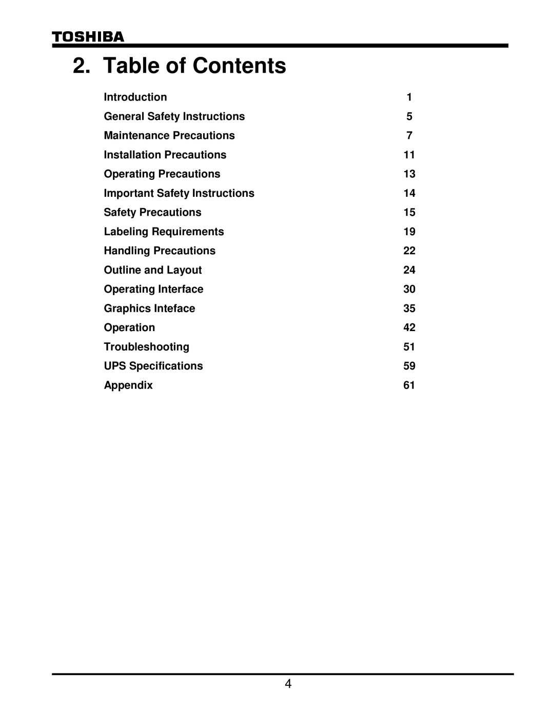 Toshiba G8000 Series operation manual Table of Contents 