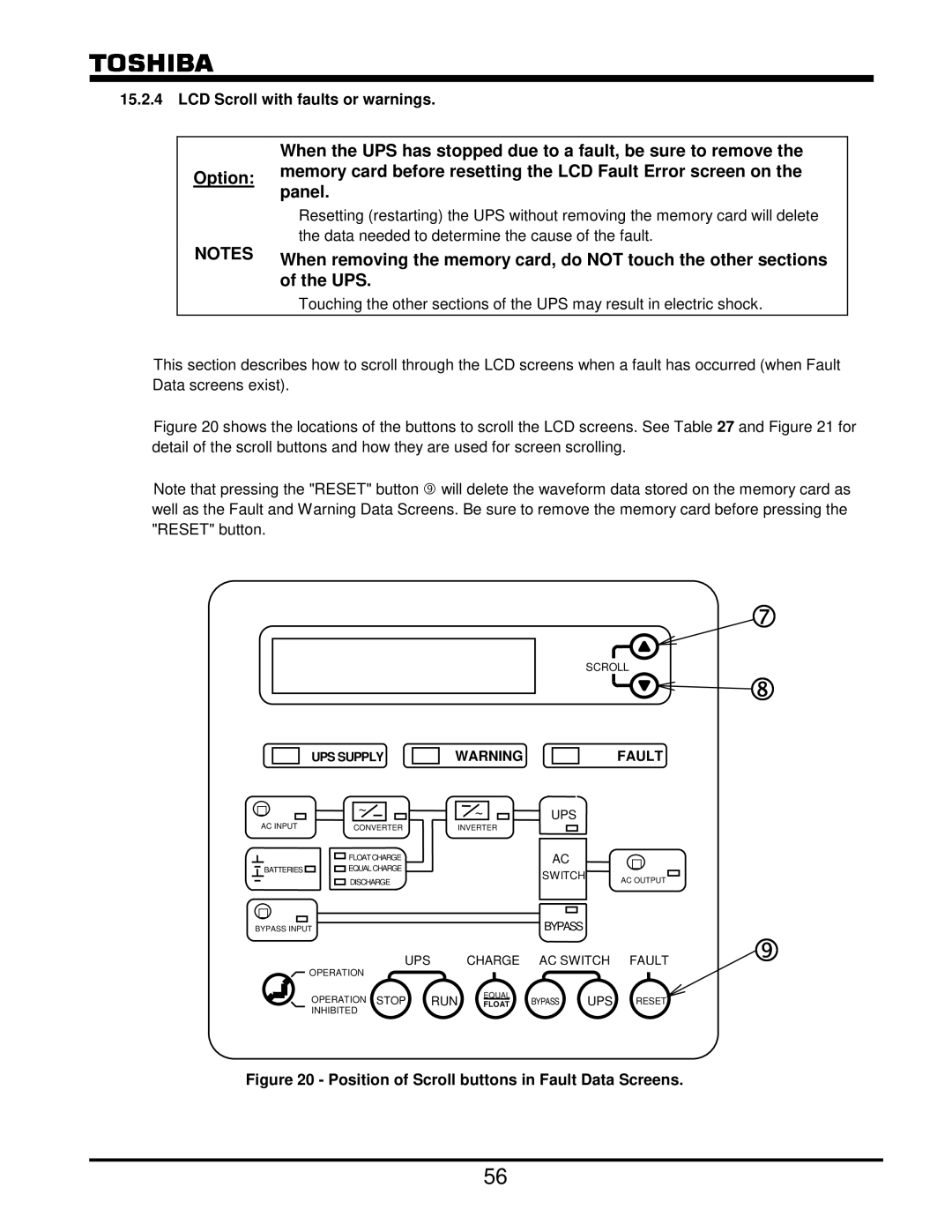 Toshiba G8000 Series When the UPS has stopped due to a fault, be sure to remove, Ups, LCD Scroll with faults or warnings 