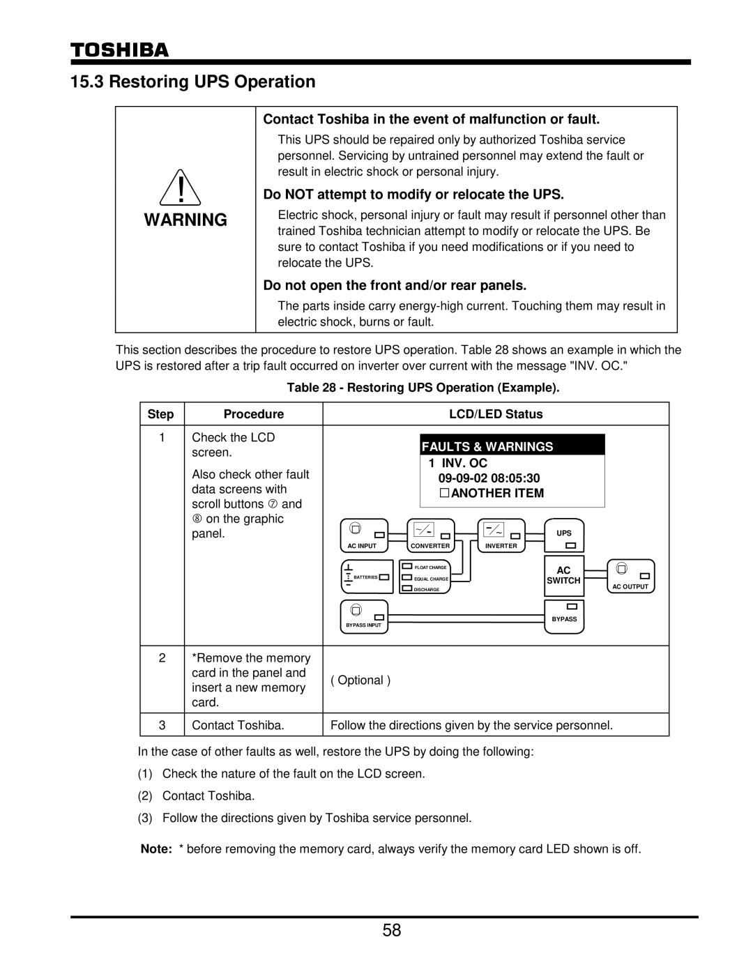 Toshiba G8000 Series Restoring UPS Operation, Contact Toshiba in the event of malfunction or fault, Inv. Oc 