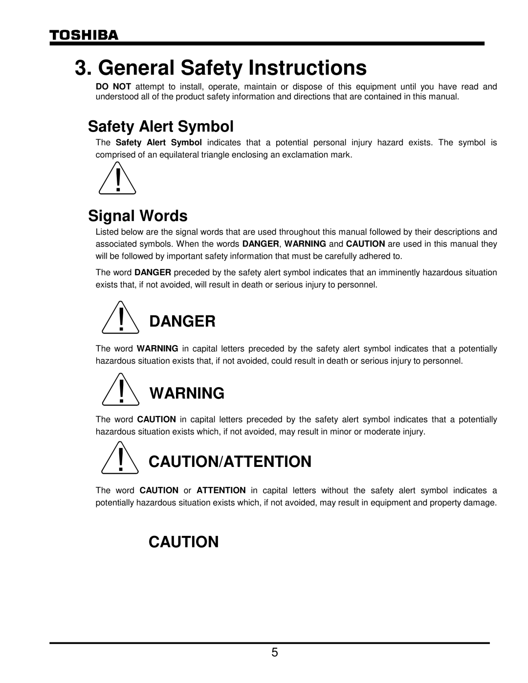 Toshiba G8000 Series operation manual General Safety Instructions, Safety Alert Symbol 