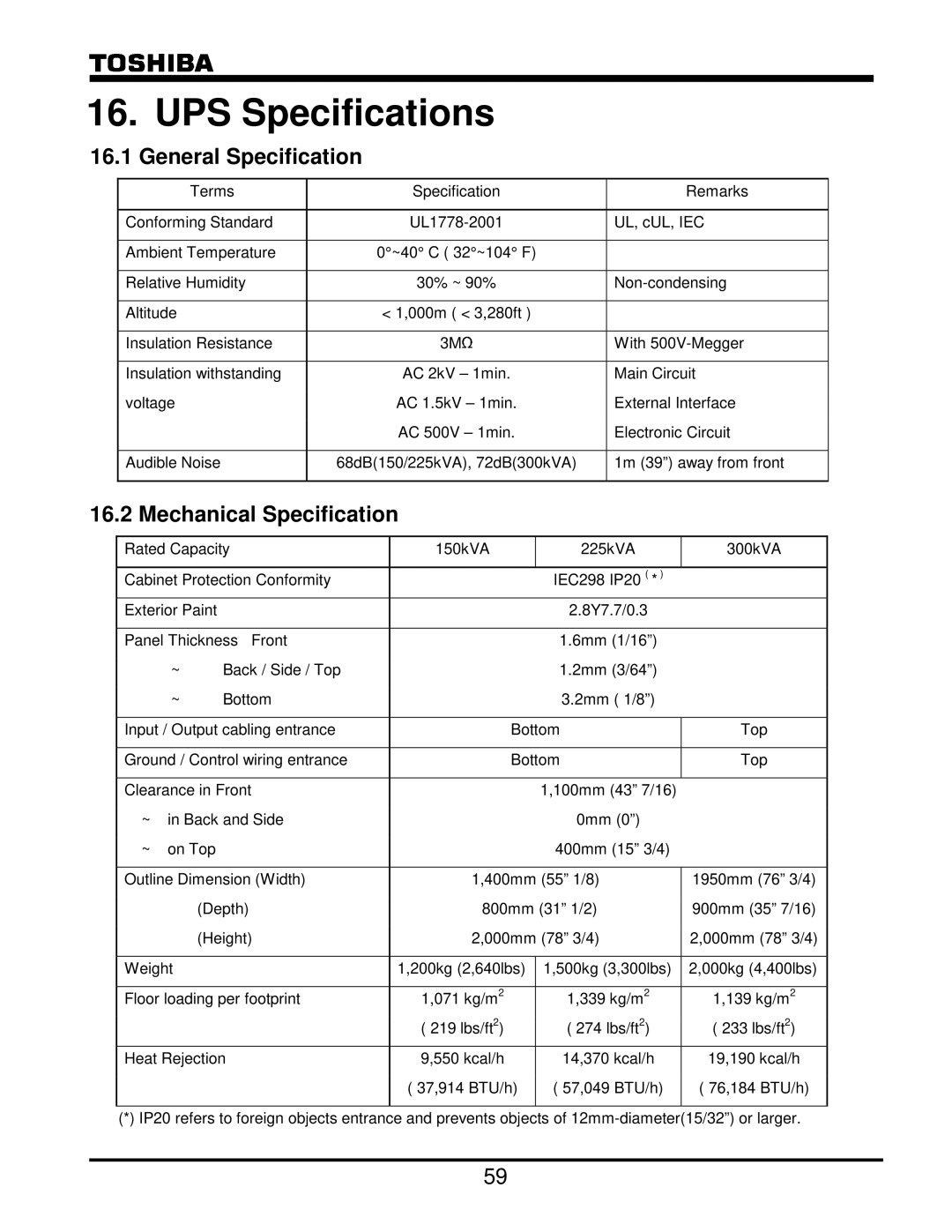 Toshiba G8000 Series operation manual UPS Specifications, General Specification, Mechanical Specification 