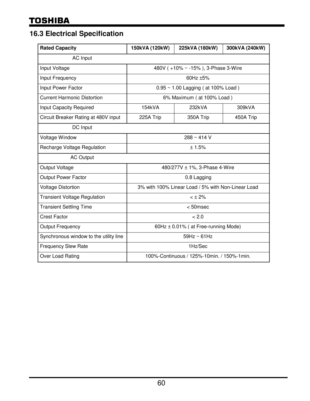 Toshiba G8000 Series operation manual Electrical Specification, Rated Capacity 150kVA 120kW 225kVA 180kW 300kVA 240kW 