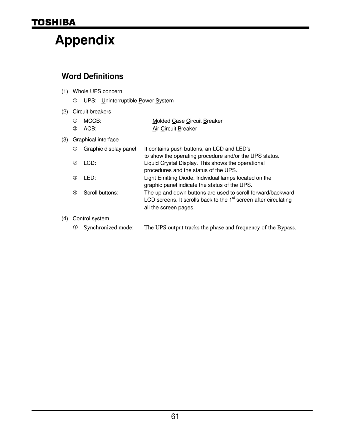 Toshiba G8000 Series operation manual Appendix, Word Definitions 