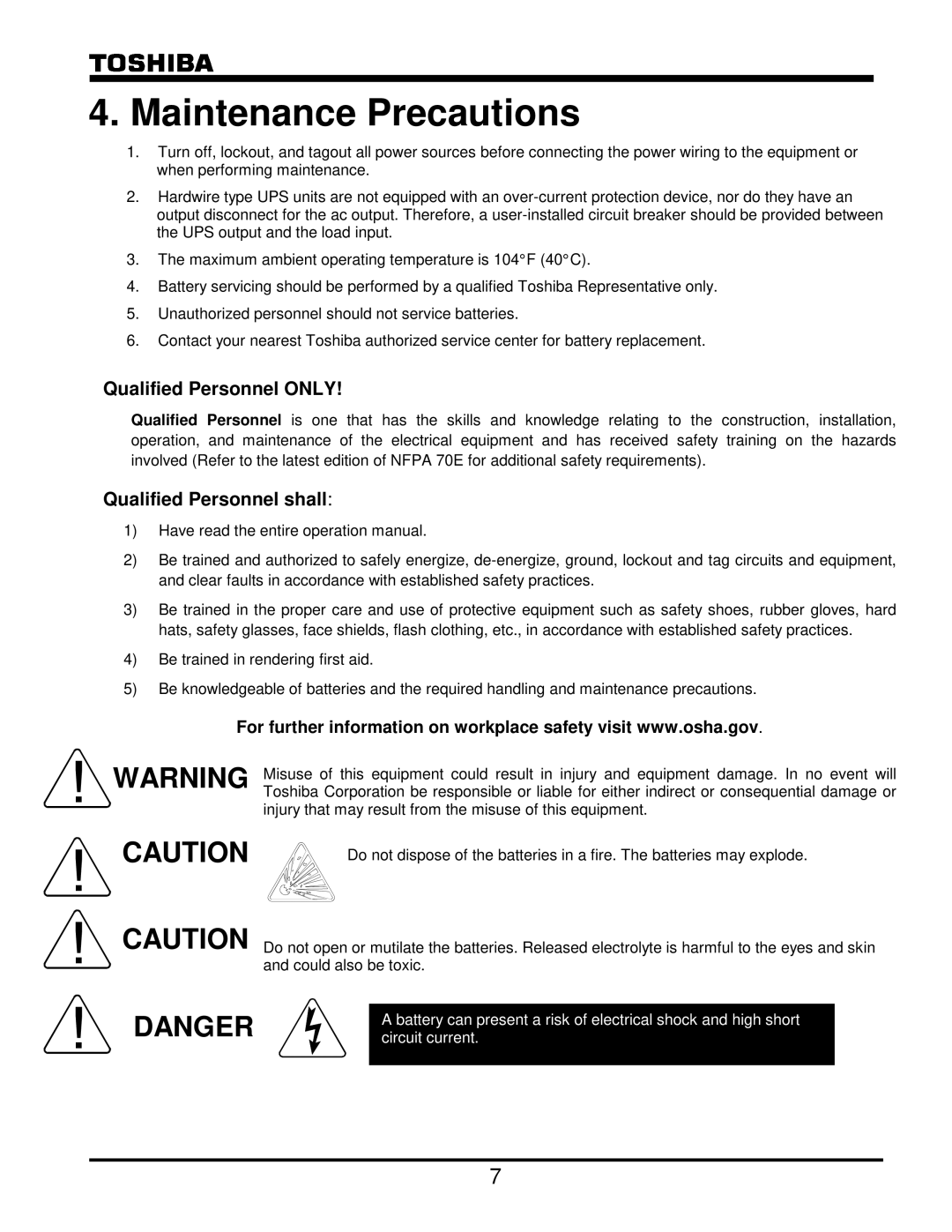 Toshiba G8000 Series operation manual Maintenance Precautions, Qualified Personnel only 