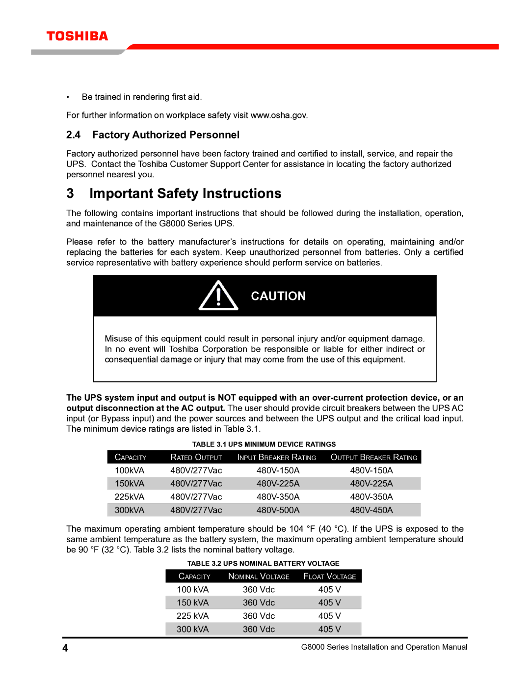 Toshiba G8000 operation manual Important Safety Instructions, Factory Authorized Personnel 