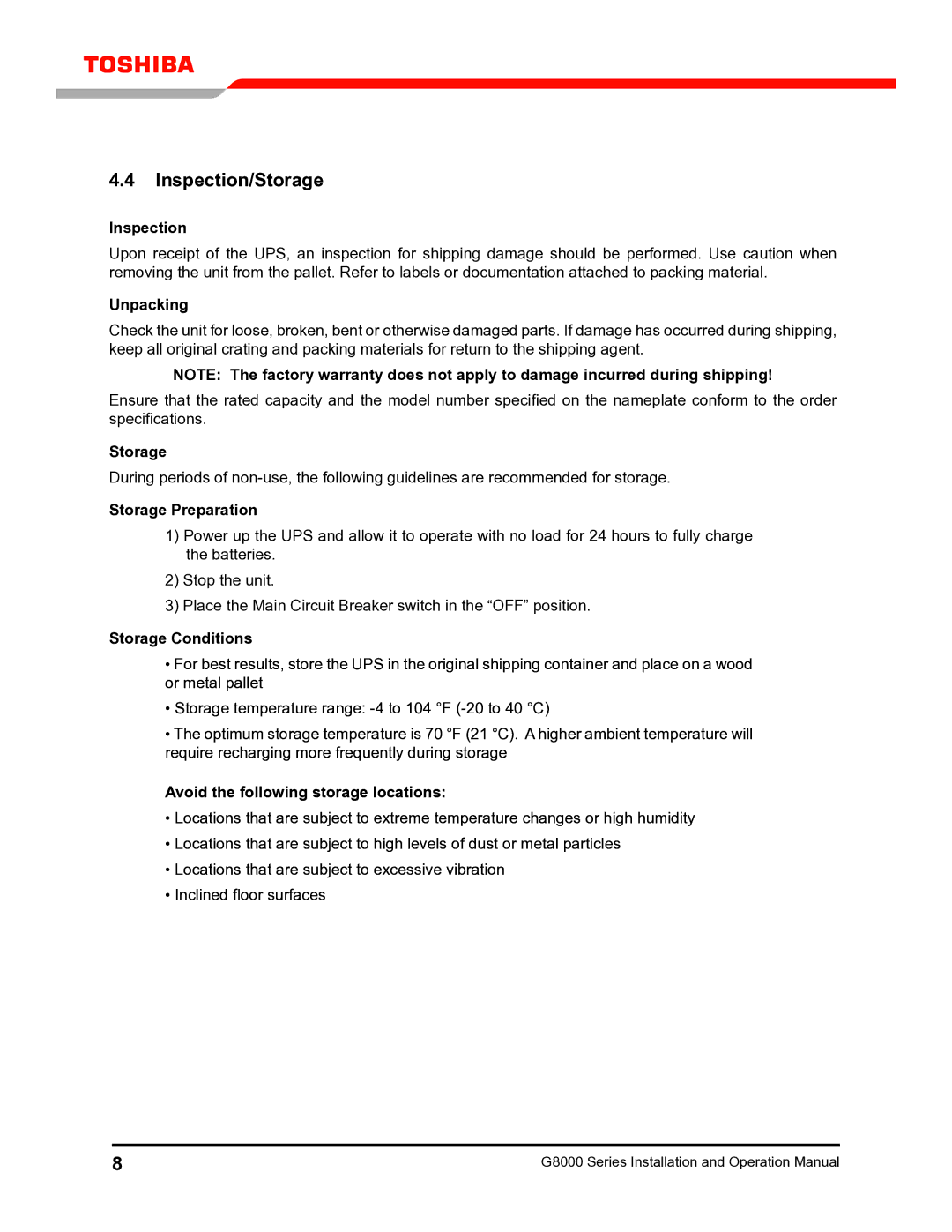 Toshiba G8000 operation manual Inspection/Storage 