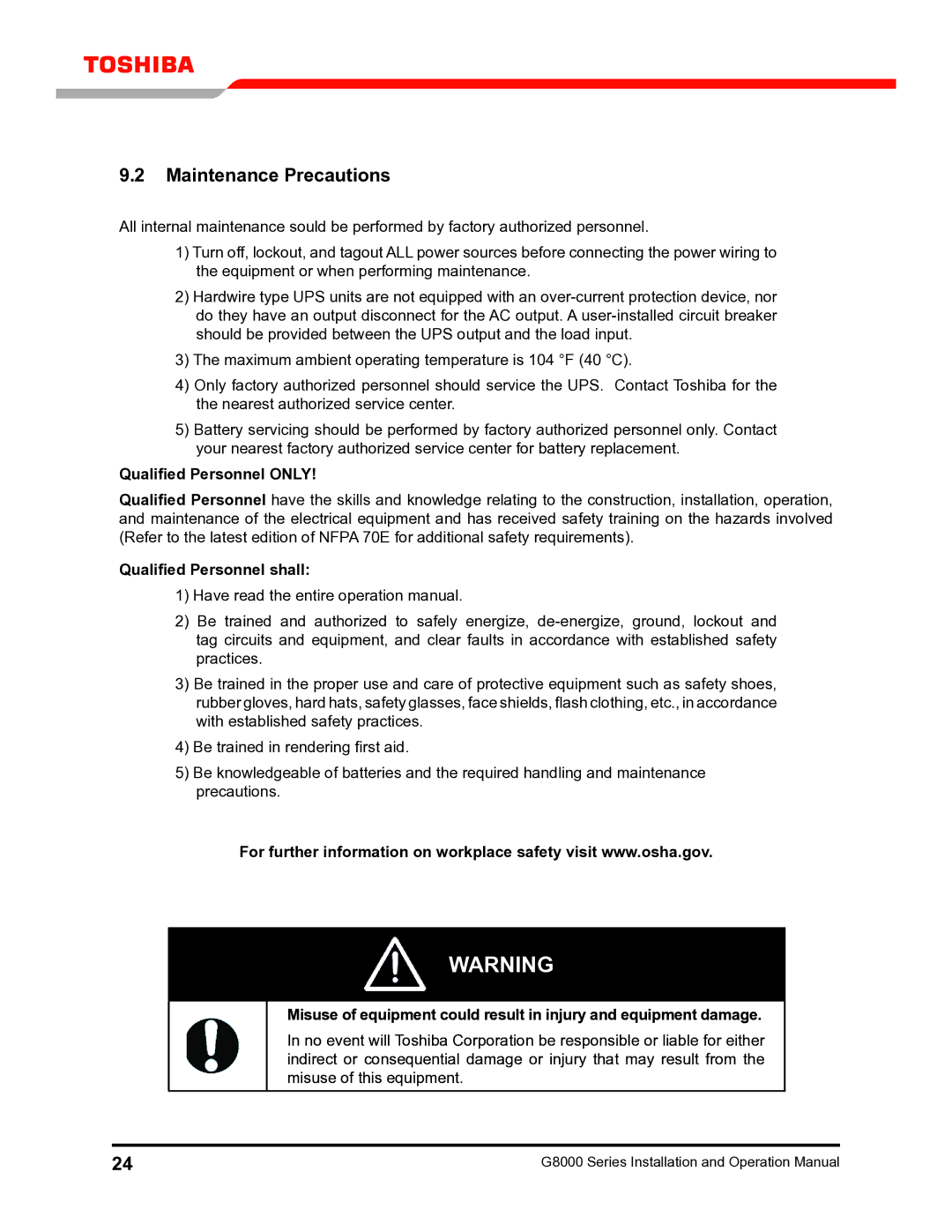 Toshiba G8000 operation manual Maintenance Precautions, Qualified Personnel only, Qualified Personnel shall 