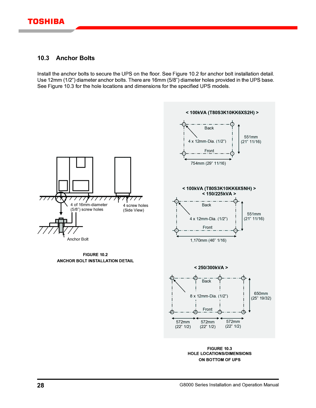 Toshiba G8000 operation manual Anchor Bolts, Anchor Bolt Installation Detail 