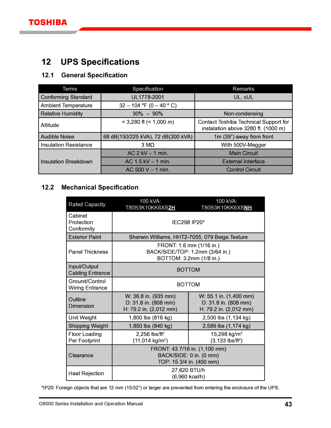 Toshiba G8000 UPS Specifications, General Specification, Mechanical Specification, Terms Specification Remarks 