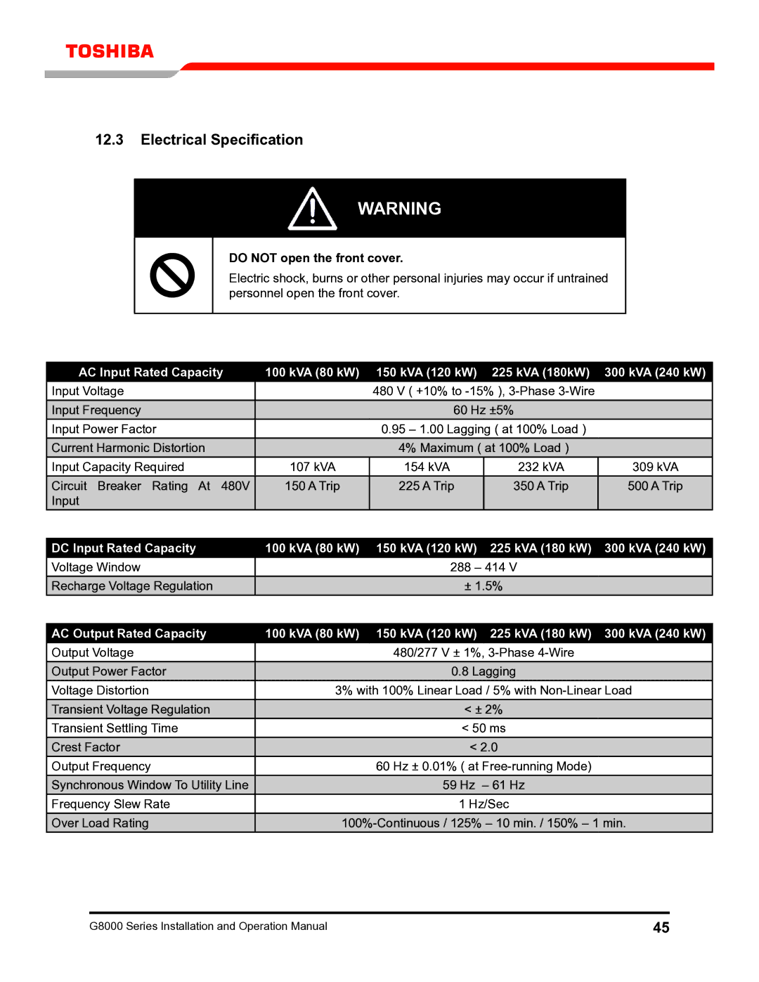 Toshiba G8000 operation manual Electrical Specification, Do not open the front cover 