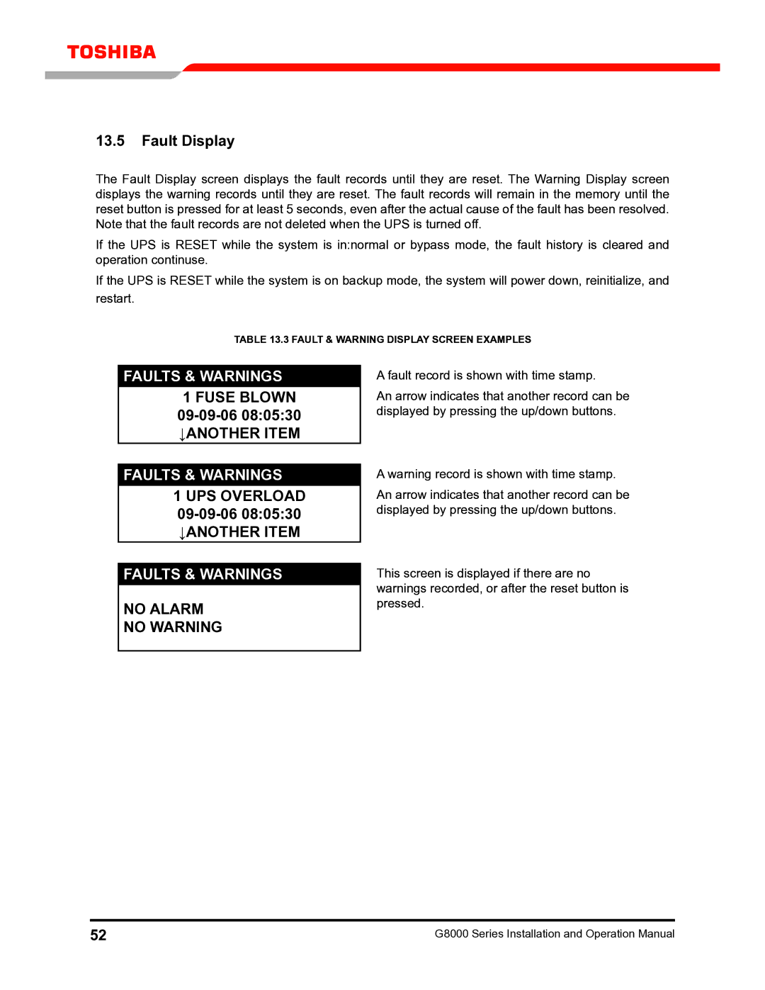 Toshiba G8000 operation manual Fault Display, 09-09-06 