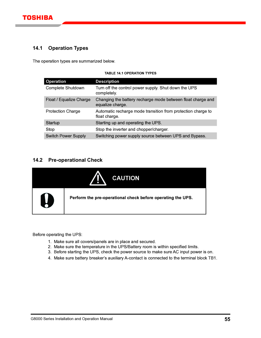 Toshiba G8000 Operation Types, Pre-operational Check, Perform the pre-operational check before operating the UPS 