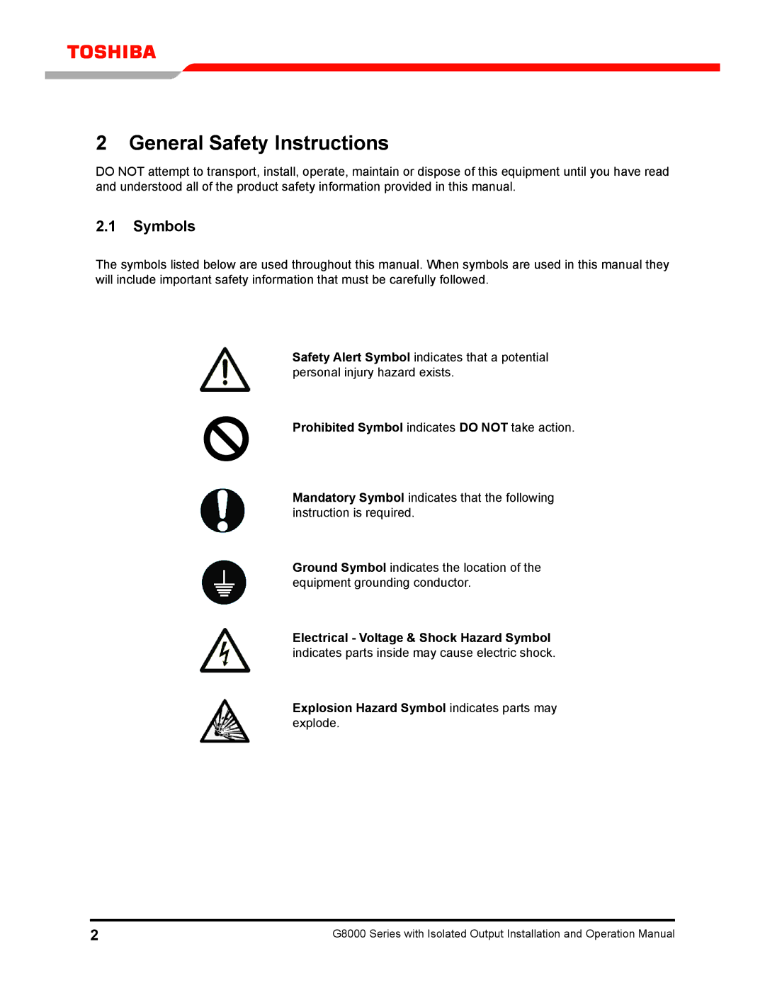 Toshiba G8000 operation manual General Safety Instructions, Symbols, Prohibited Symbol indicates do not take action 