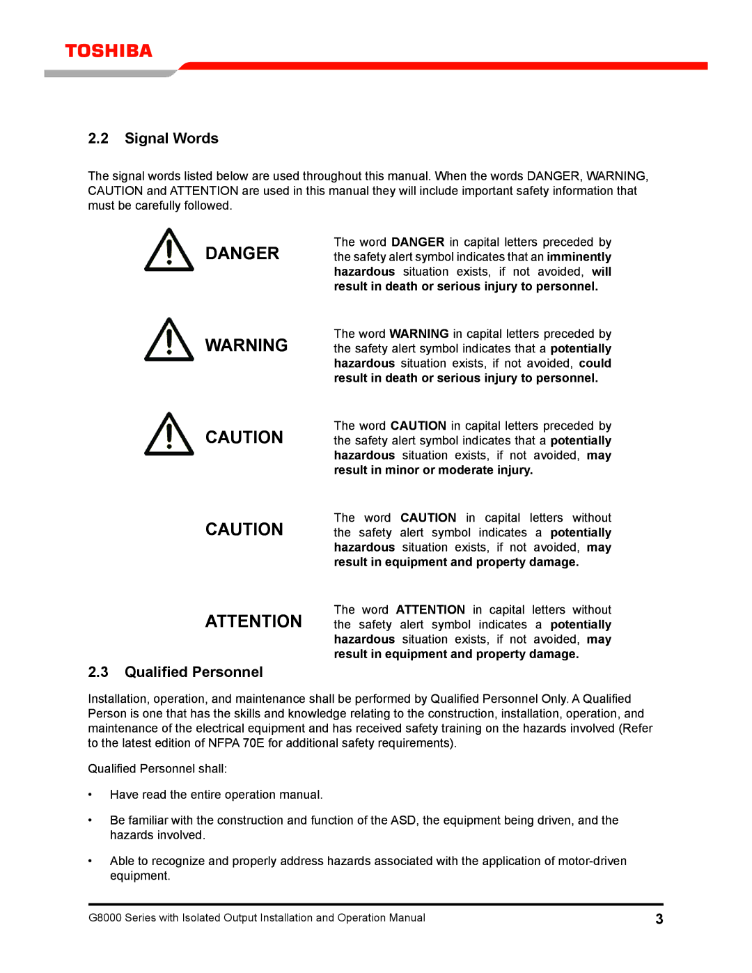 Toshiba G8000 operation manual Signal Words, Qualified Personnel 