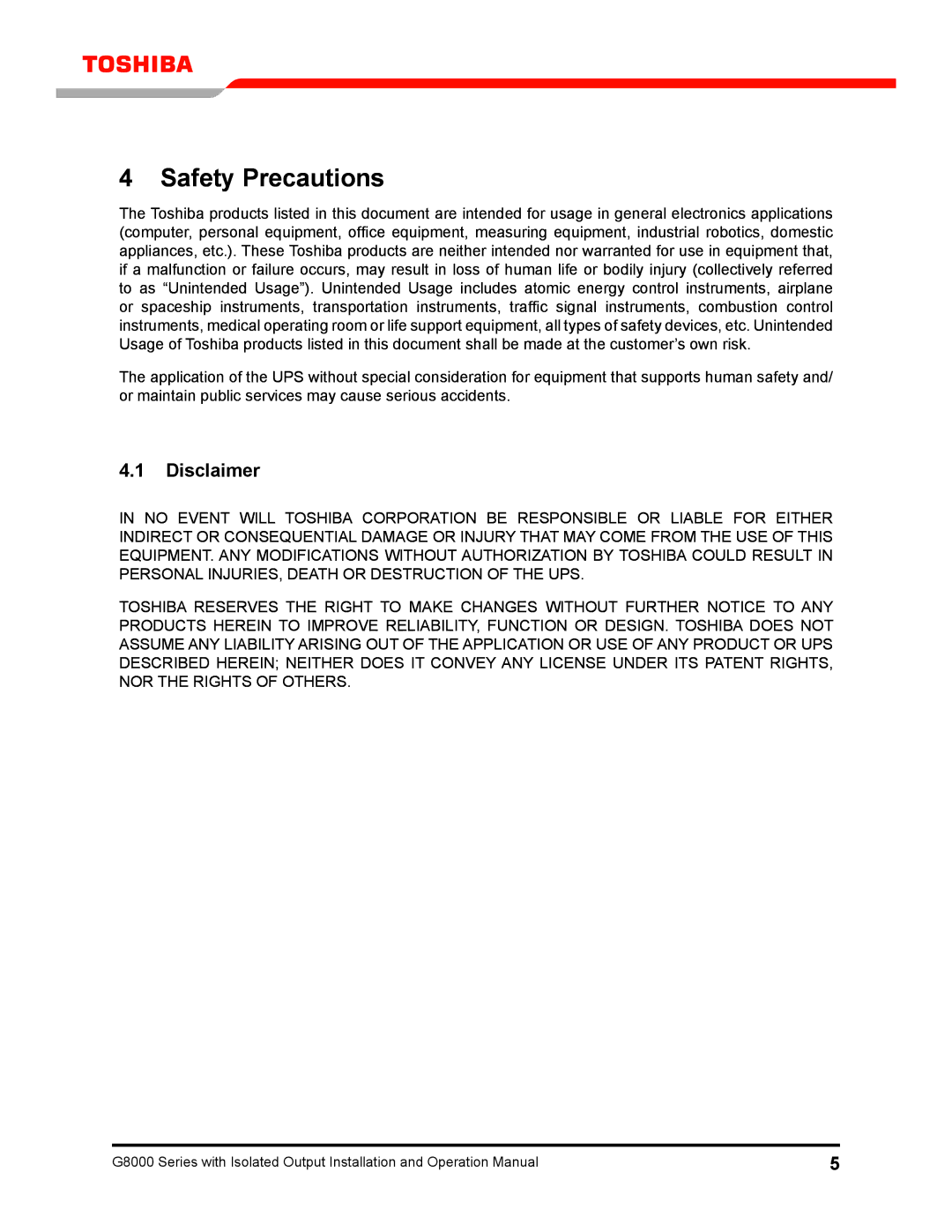 Toshiba G8000 operation manual Safety Precautions, Disclaimer 