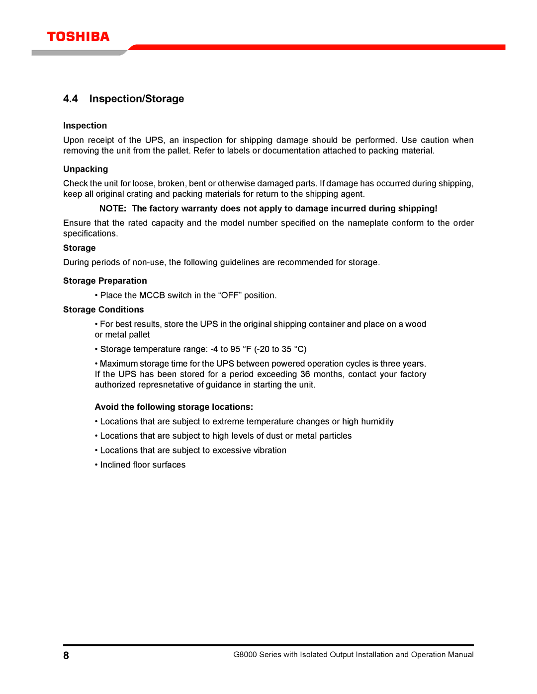 Toshiba G8000 operation manual Inspection/Storage 