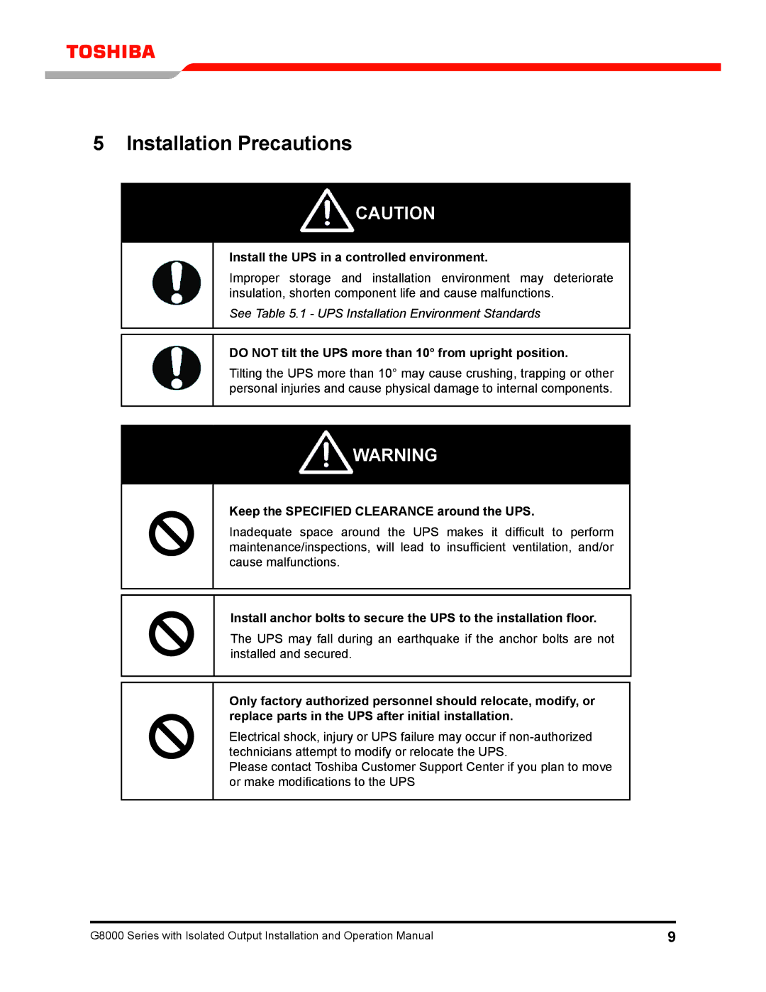 Toshiba G8000 operation manual Installation Precautions, Install the UPS in a controlled environment 