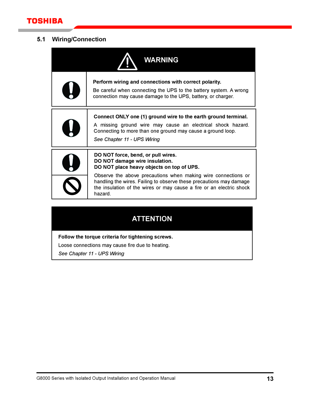 Toshiba G8000 operation manual Wiring/Connection, Perform wiring and connections with correct polarity 