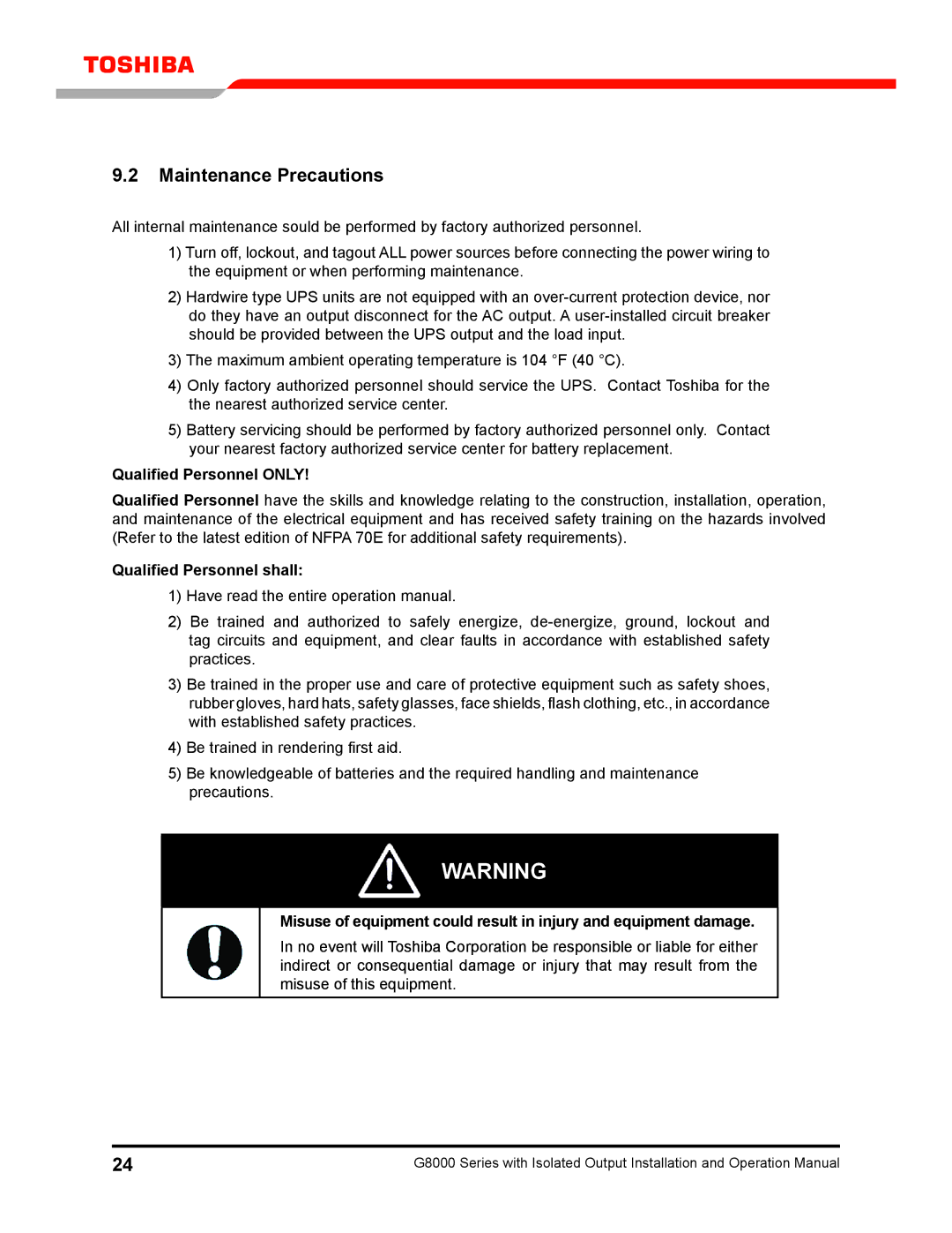 Toshiba G8000 operation manual Maintenance Precautions, Qualified Personnel only, Qualified Personnel shall 