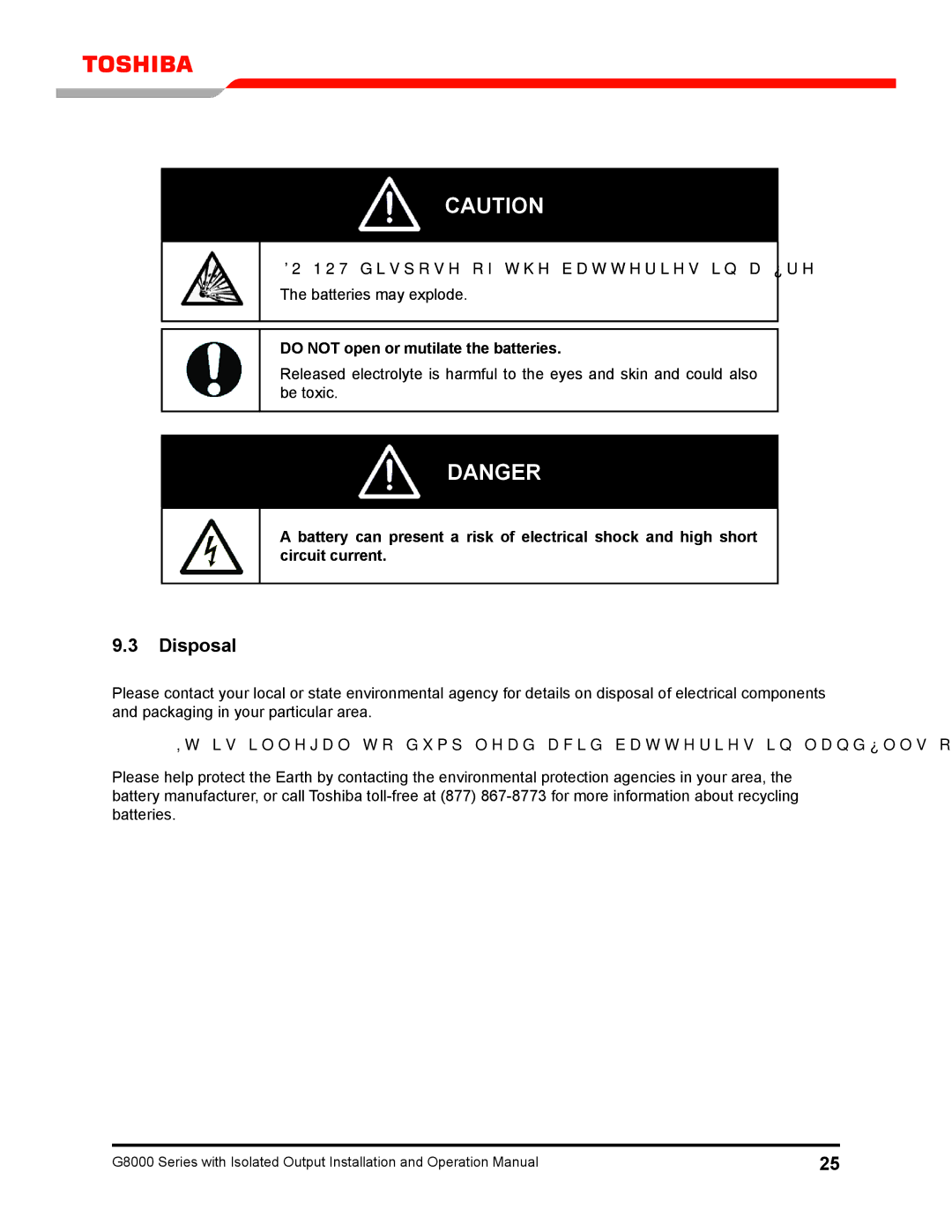 Toshiba G8000 operation manual Disposal, Do not dispose of the batteries in a fire, Do not open or mutilate the batteries 