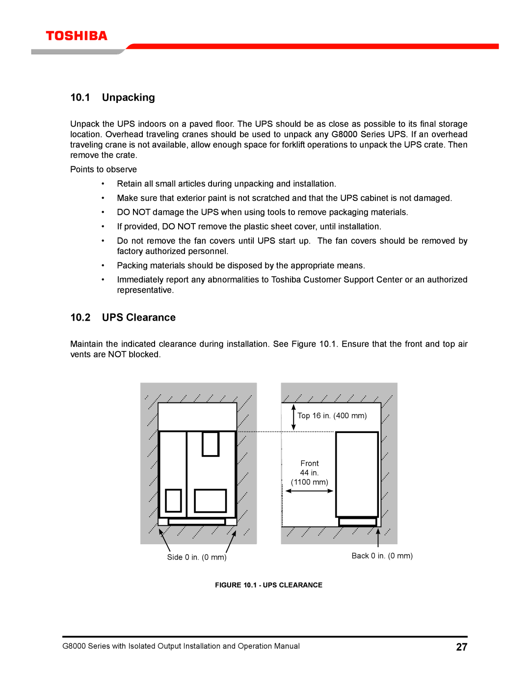 Toshiba G8000 operation manual Unpacking, UPS Clearance 