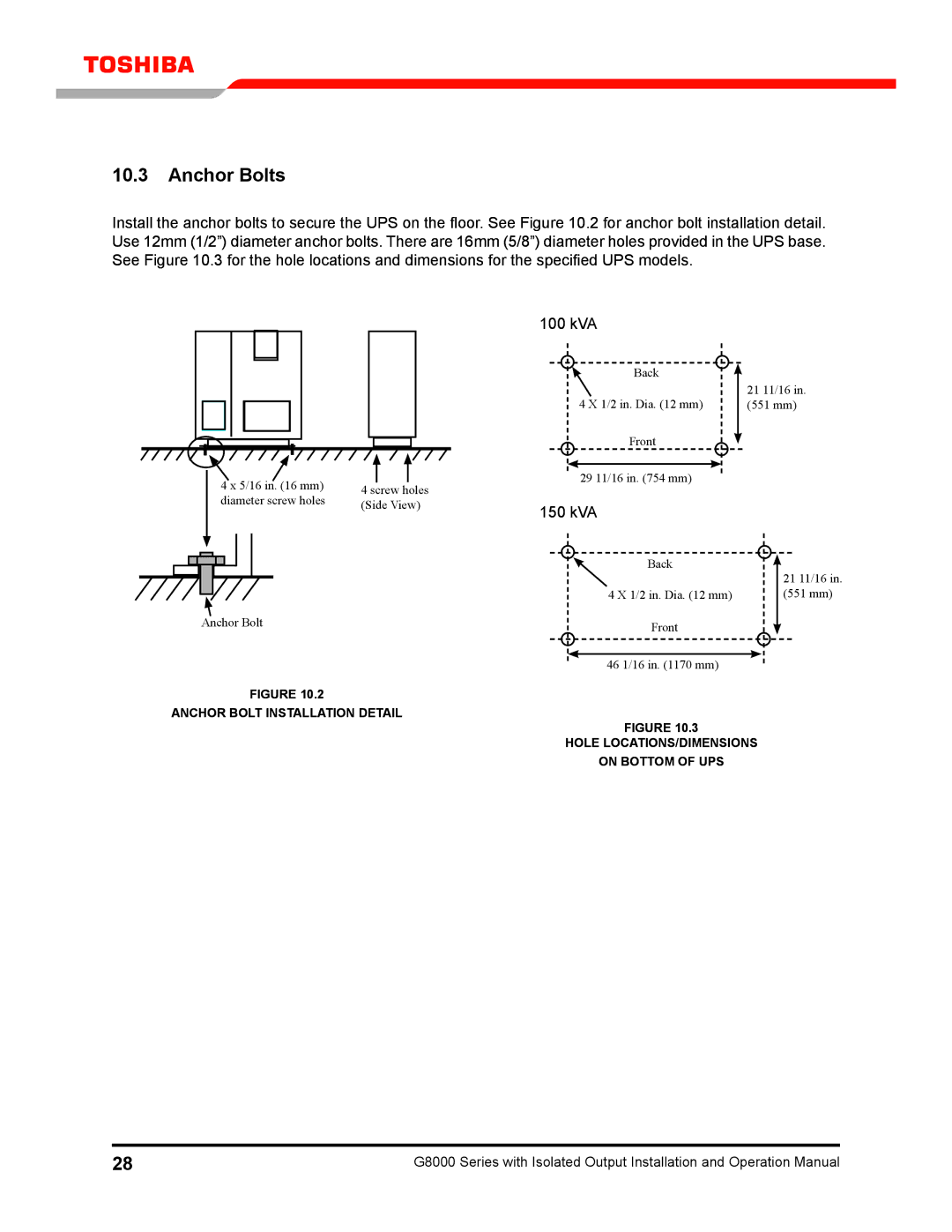 Toshiba G8000 operation manual Anchor Bolts 