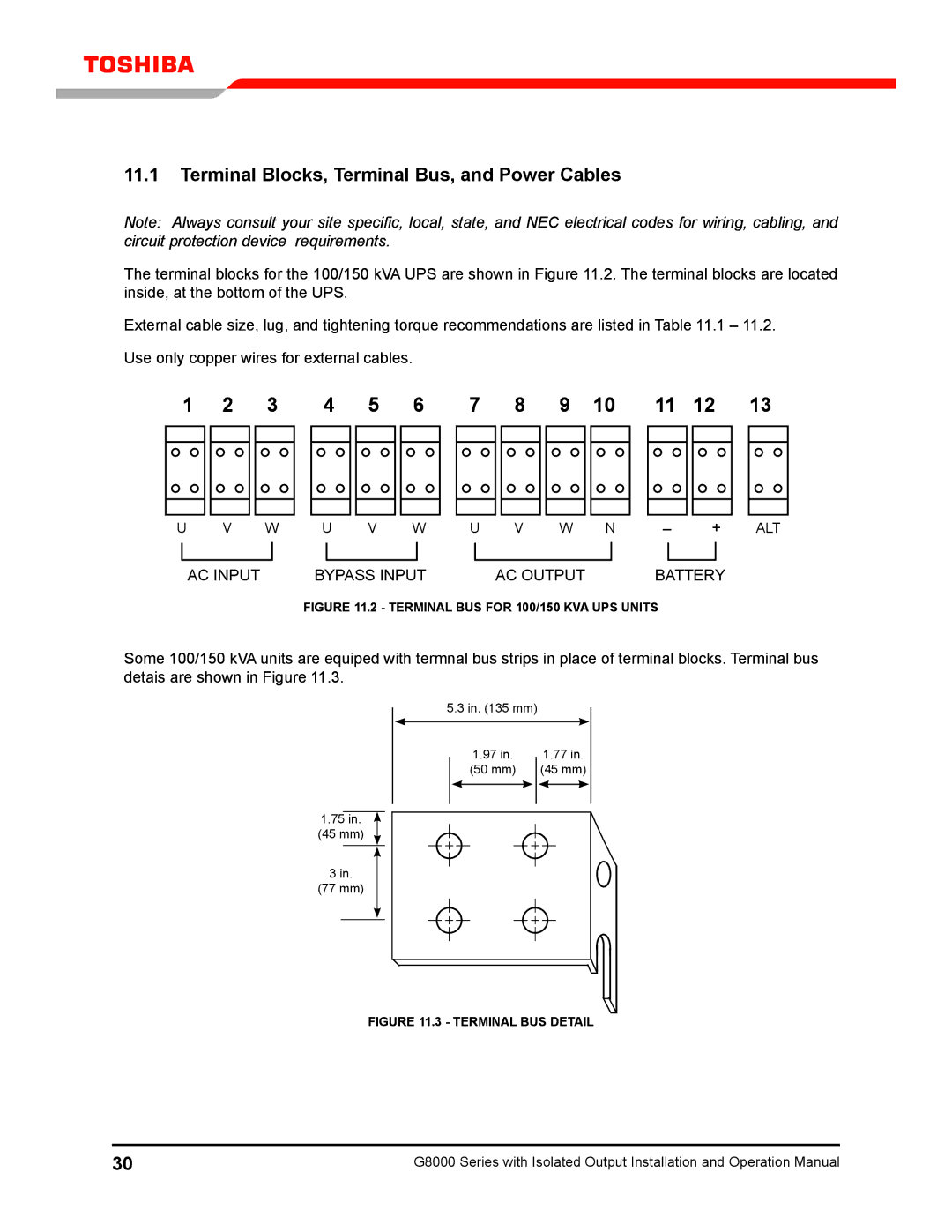 Toshiba G8000 operation manual Terminal Blocks, Terminal Bus, and Power Cables, AC Input Bypass Input AC Output Battery 