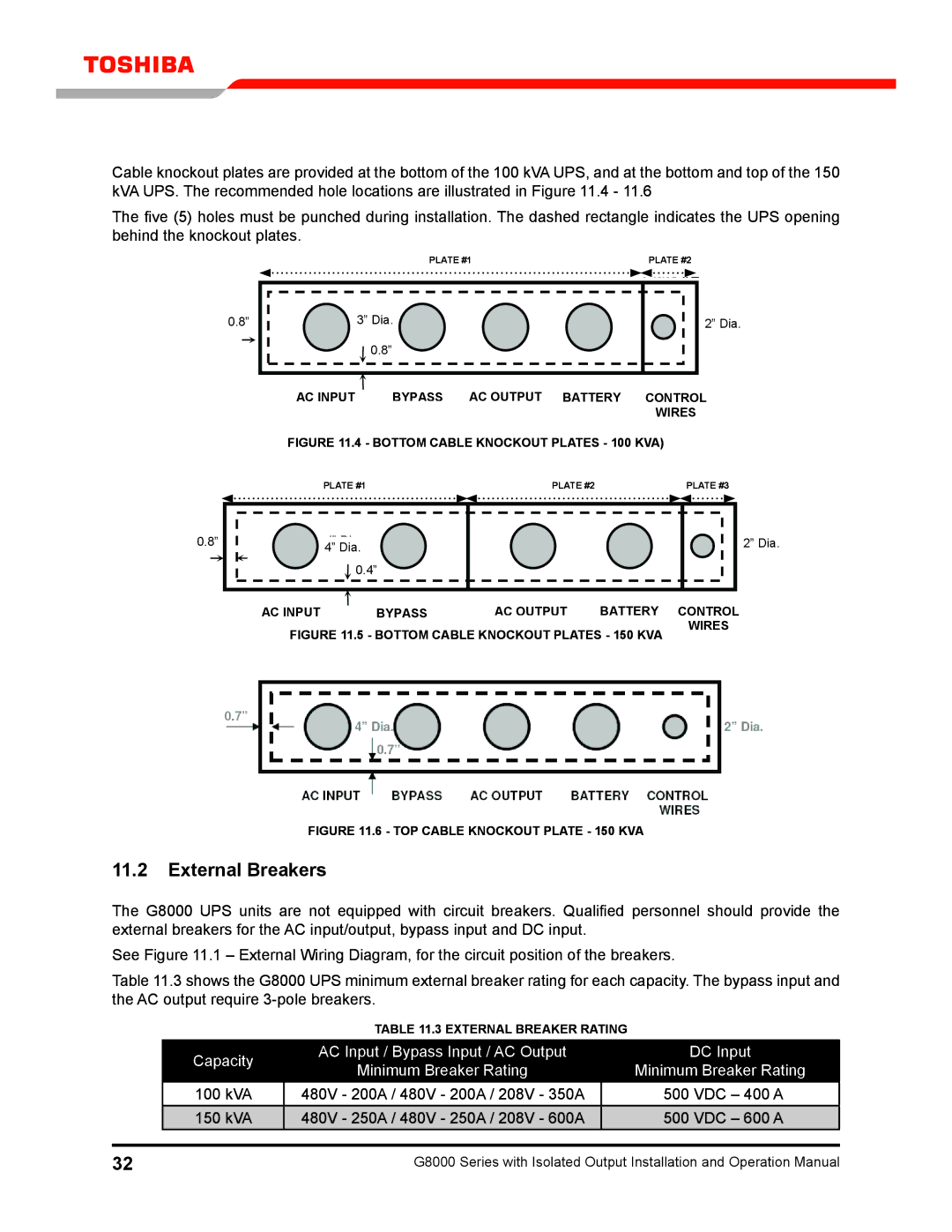 Toshiba G8000 operation manual External Breakers, Bottom Cable Knockout Plates 100 kVA 