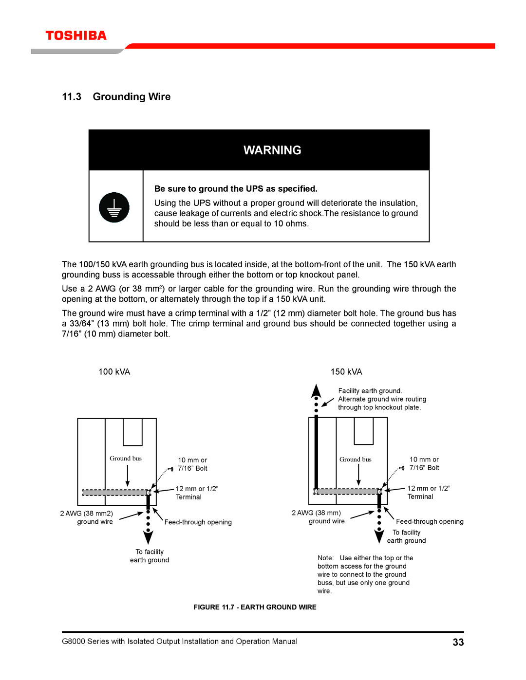 Toshiba G8000 operation manual Grounding Wire, Be sure to ground the UPS as specified 