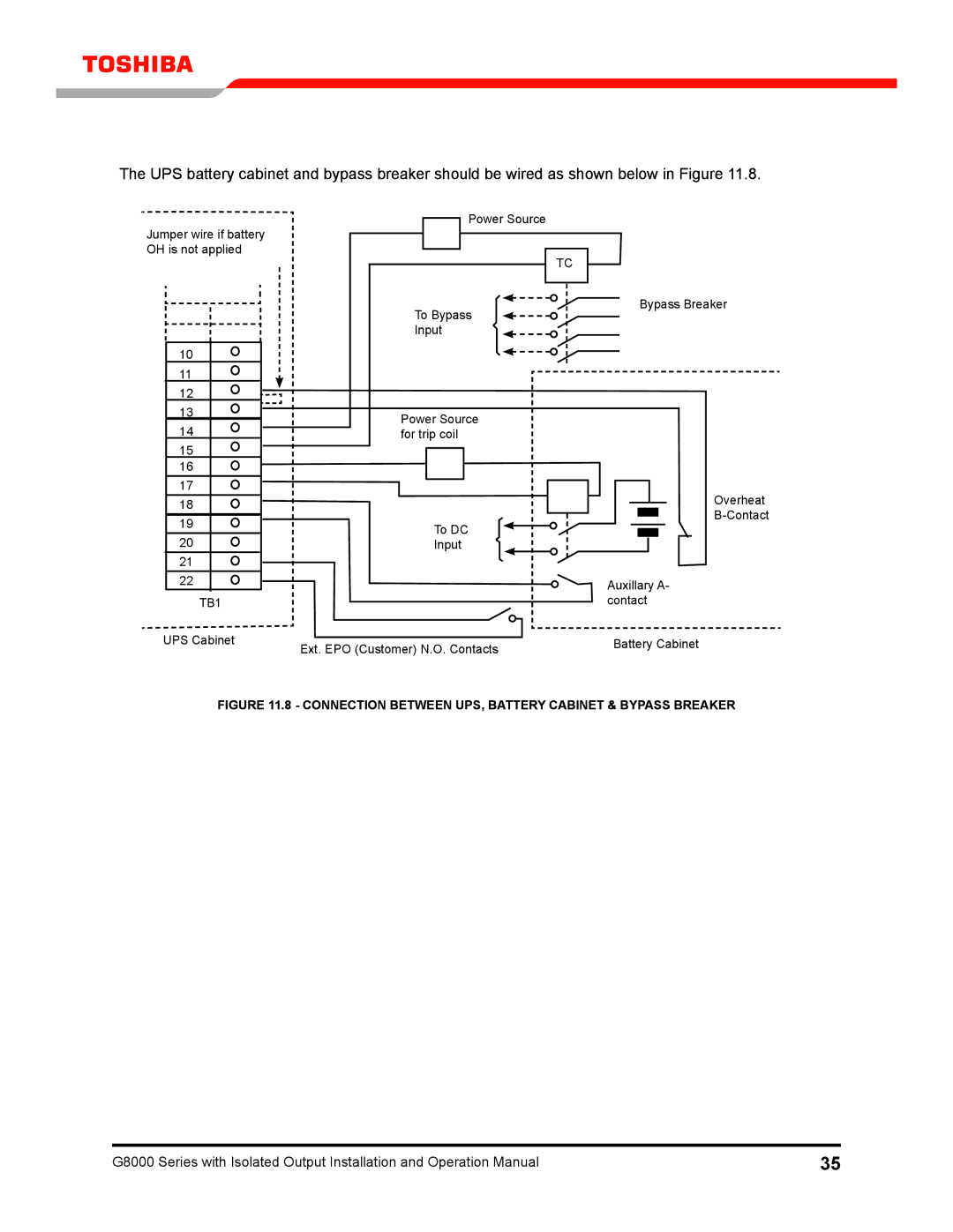 Toshiba G8000 operation manual Connection Between UPS, Battery Cabinet & Bypass Breaker 