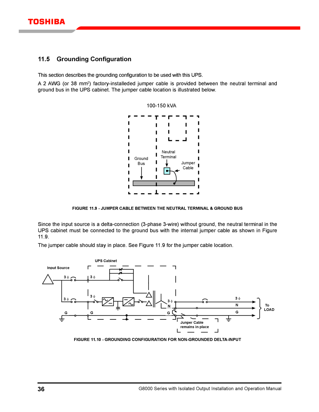 Toshiba G8000 operation manual Grounding Configuration, Jumper Cable Between the Neutral Terminal & Ground BUS 