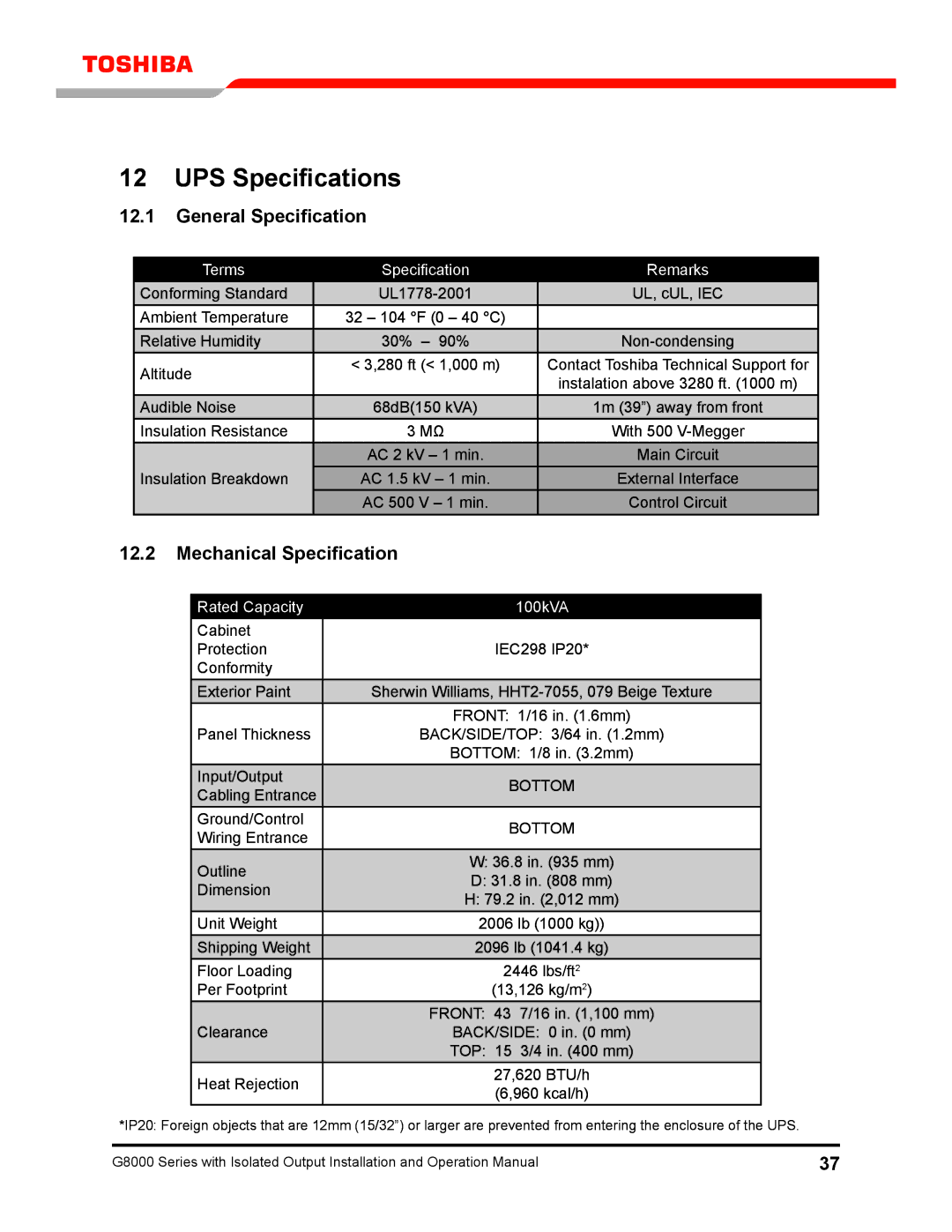 Toshiba G8000 operation manual UPS Specifications, General Specification, Mechanical Specification 