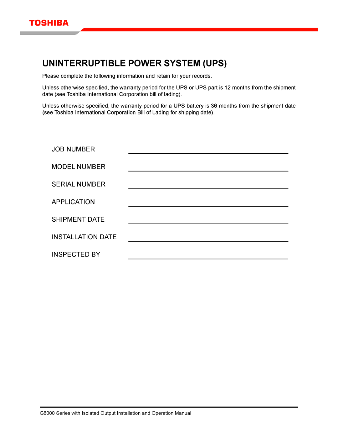 Toshiba G8000 operation manual Uninterruptible Power System UPS 