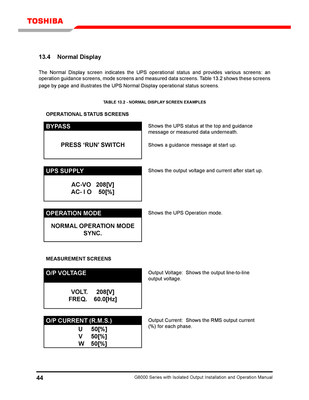 Toshiba G8000 operation manual Normal Display, AC-VO AC- I O 50%, Volt Freq .0Hz 