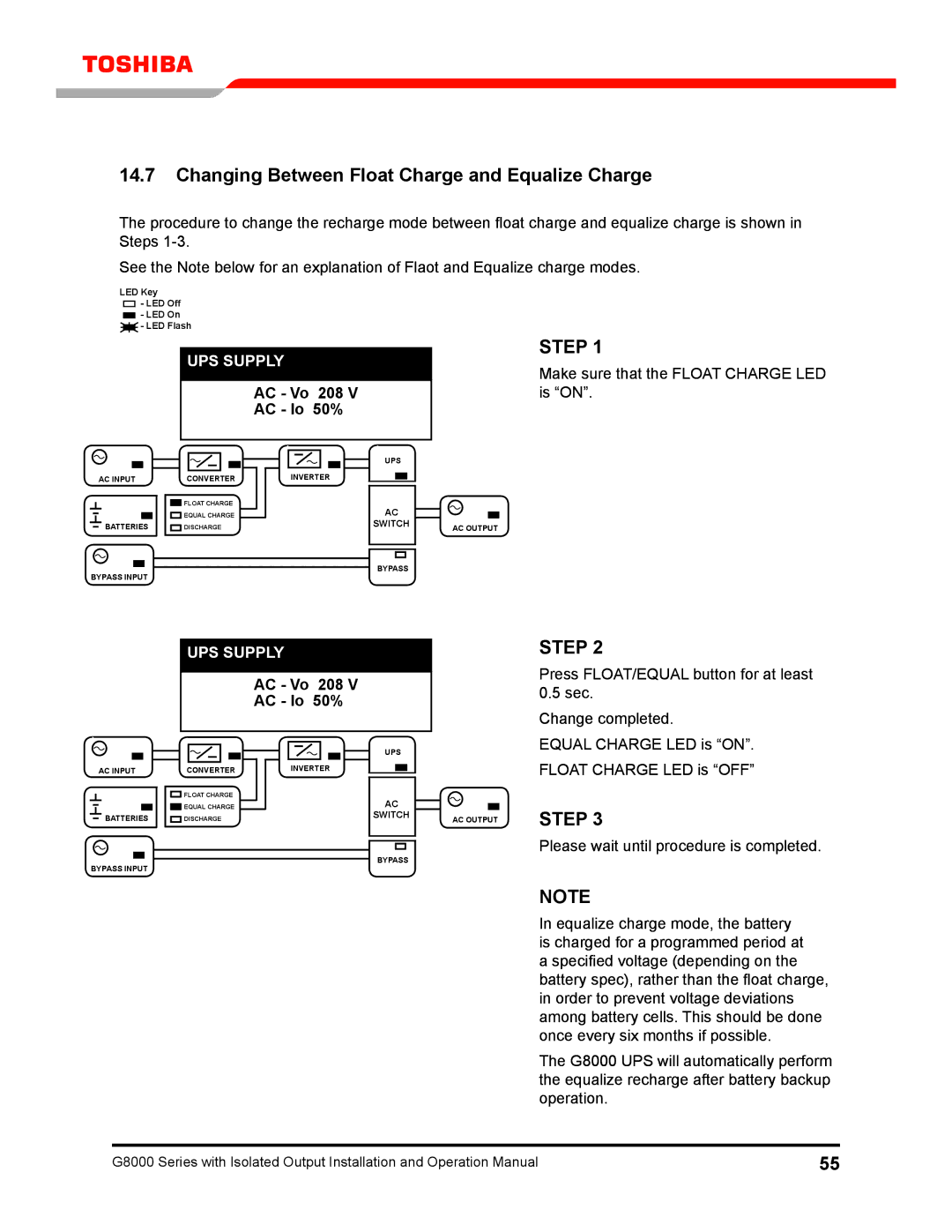 Toshiba G8000 operation manual Changing Between Float Charge and Equalize Charge, Make sure that the Float Charge LED is on 