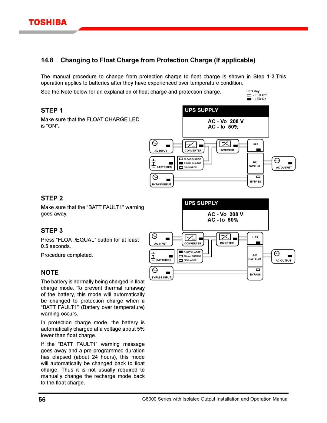 Toshiba G8000 operation manual Make sure that the Batt FAULT1 warning goes away 