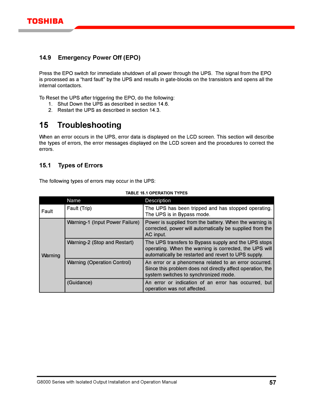 Toshiba G8000 operation manual Troubleshooting, Emergency Power Off EPO, Types of Errors 