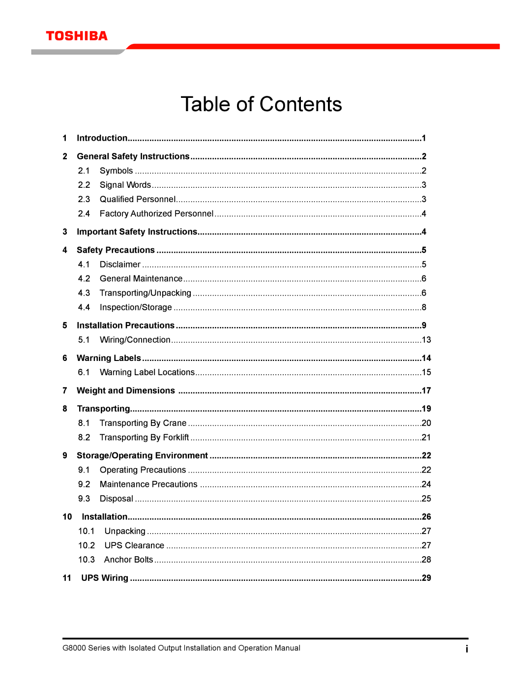 Toshiba G8000 operation manual Table of Contents 