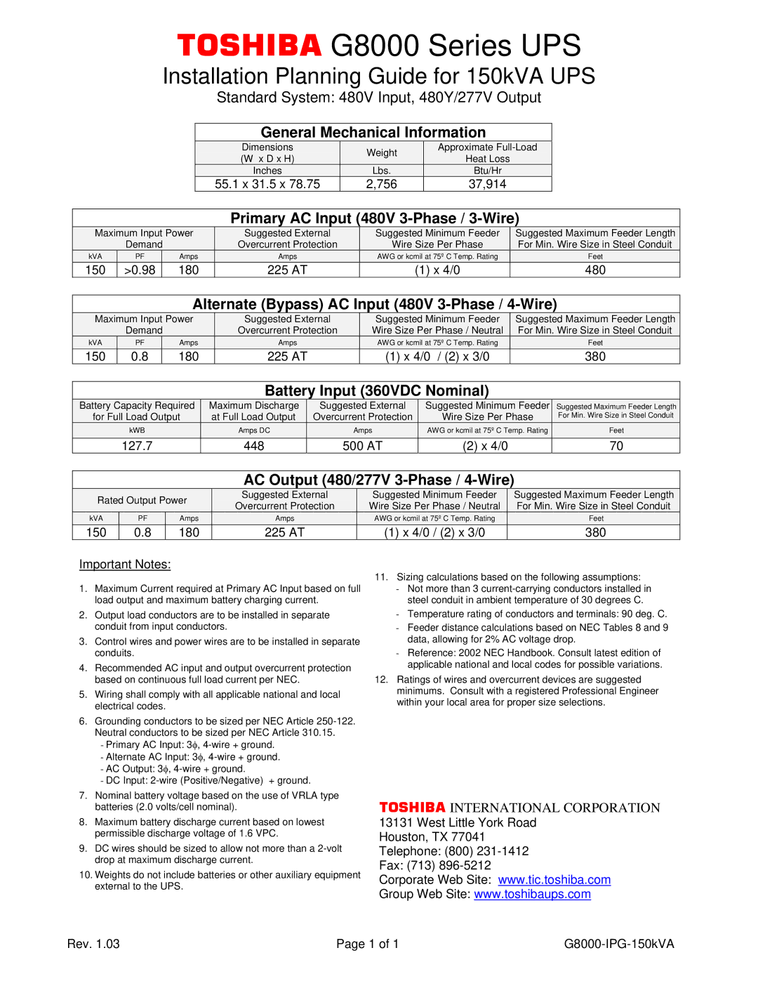 Toshiba dimensions Toshiba G8000 Series UPS, Installation Planning Guide for 150kVA UPS 