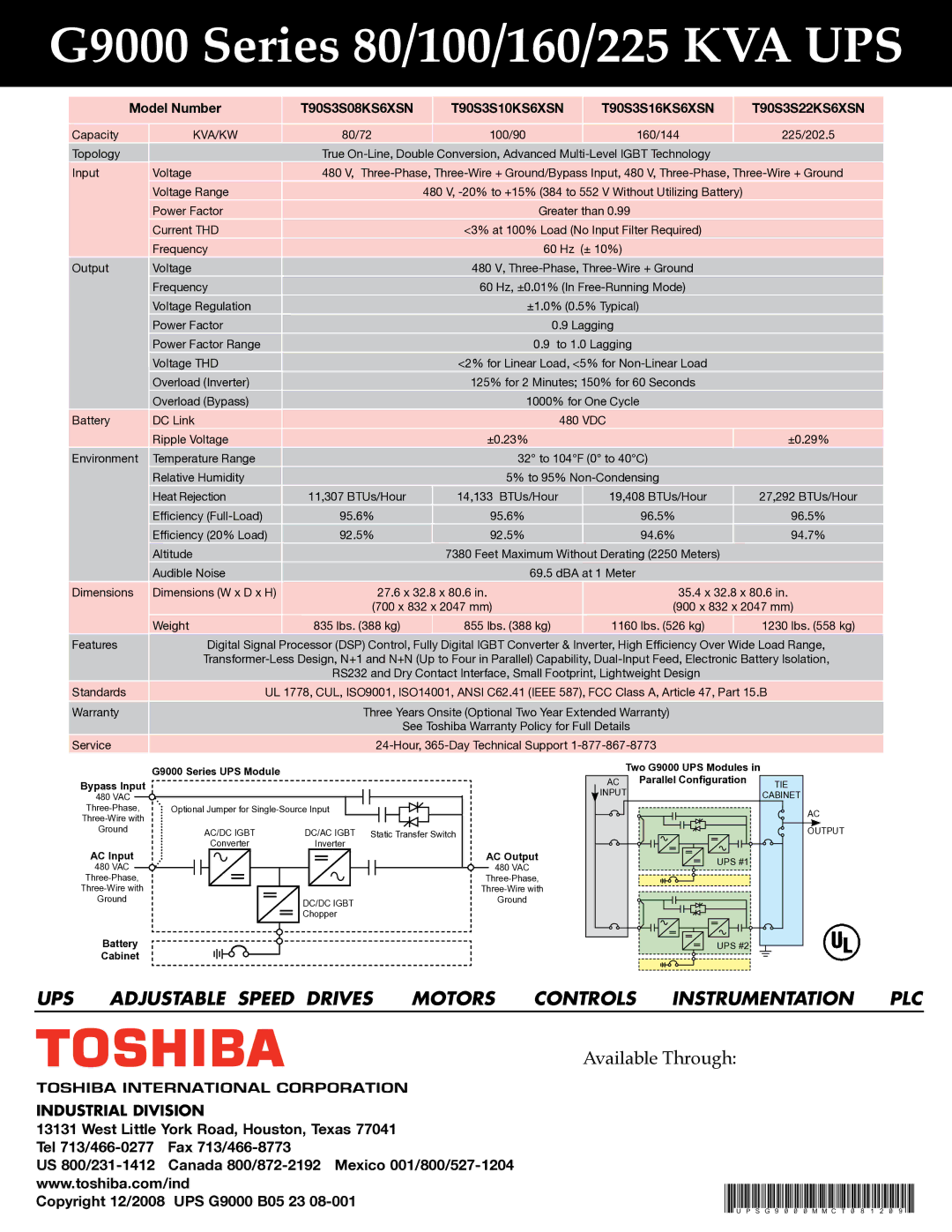 Toshiba G9000 SERIES Capacity, Topology, Input Voltage, Voltage Range, Power Factor, Current THD, Frequency, Voltage THD 